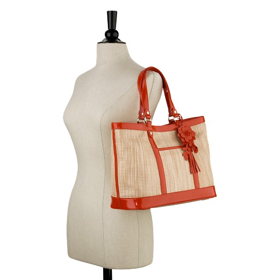 Cole Haan Jitney Straw Serena Small Tote Natural/Spicy Orange Patent Outlet Online