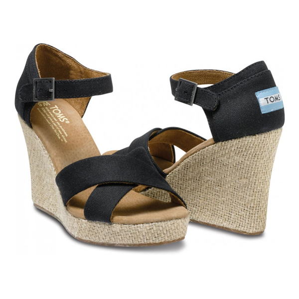 Toms Black Canvas Women Strappy Wedges Outlet Online