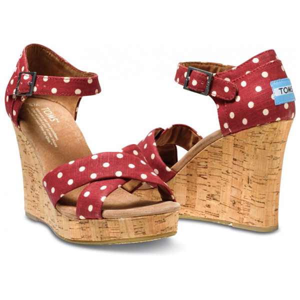 Toms Red Polka Dot Linen Women Strappy Wedges Outlet Online